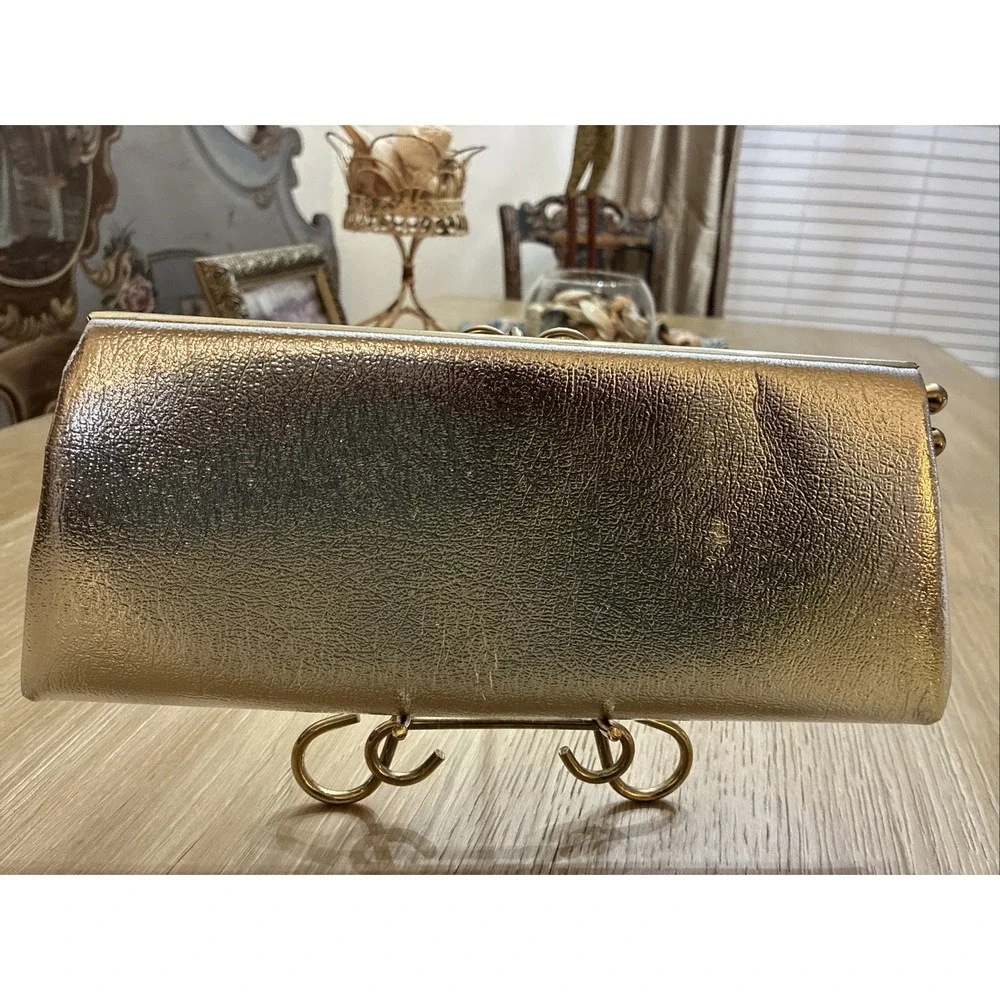 Vintage Clutch Evening Bag Metallic Silver Faux Leather 12x 5